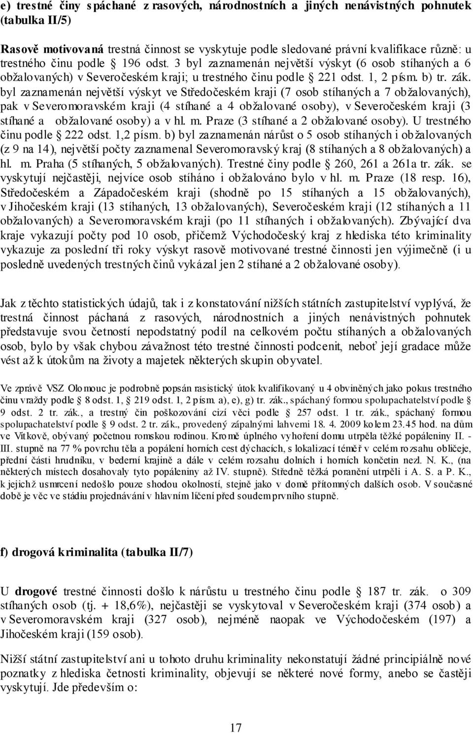 byl zaznamenán největší výskyt ve Středočeském kraji (7 osob stíhaných a 7 obžalovaných), pak v Severomoravském kraji (4 stíhané a 4 obžalované osoby), v Severočeském kraji (3 stíhané a obžalované