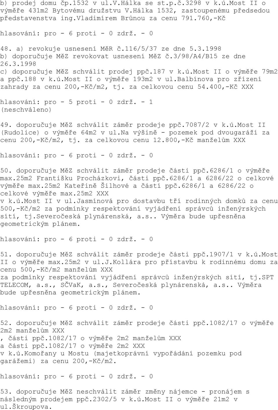 188 v k.ú.most II o výměře 193m2 v ul.balbínova pro zřízení zahrady za cenu 200,-Kč/m2, tj. za celkovou cenu 54.400,-Kč hlasování: pro - 5 proti - 0 zdrž. - 1 (neschváleno) 49.