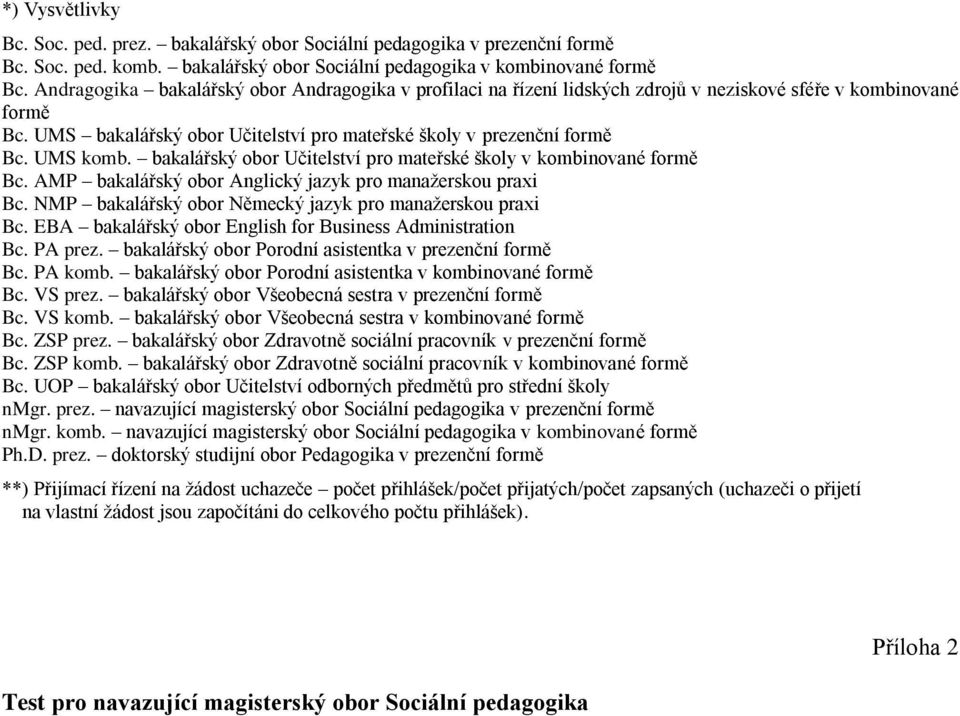 UMS komb. bakalářský obor Učitelství pro mateřské školy v kombinované formě Bc. AMP bakalářský obor Anglický jazyk pro manažerskou praxi Bc. NMP bakalářský obor Německý jazyk pro manažerskou praxi Bc.