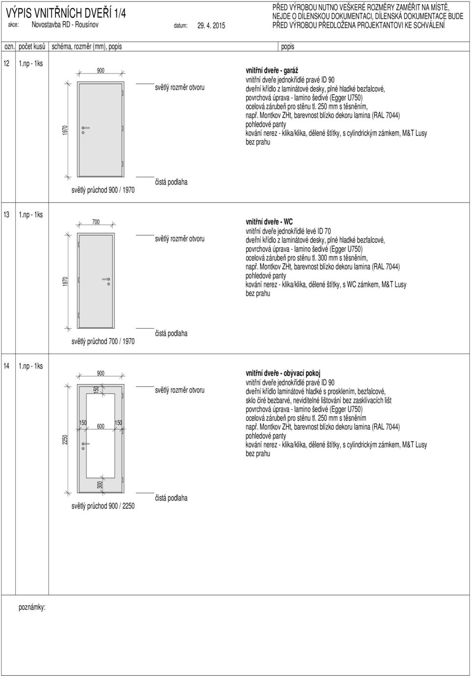 250 mm s těsněním, světlý průchod / 13 vnitřní dveře - WC vnitřní dveře jednokřídlé levé ID 70 světlý průchod / 14 2250 vnitřní