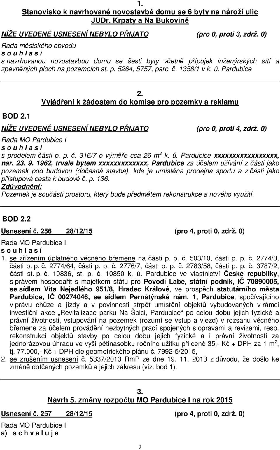 Pardubice BOD 2.1 2. Vyjádření k žádostem do komise pro pozemky a reklamu NÍŽE UVEDENÉ USNESENÍ NEBYLO PŘIJATO (pro 0, proti 4, zdrž. 0) s o u h l a s í s prodejem části p. p. č. 316/7 o výměře cca 26 m 2 k.