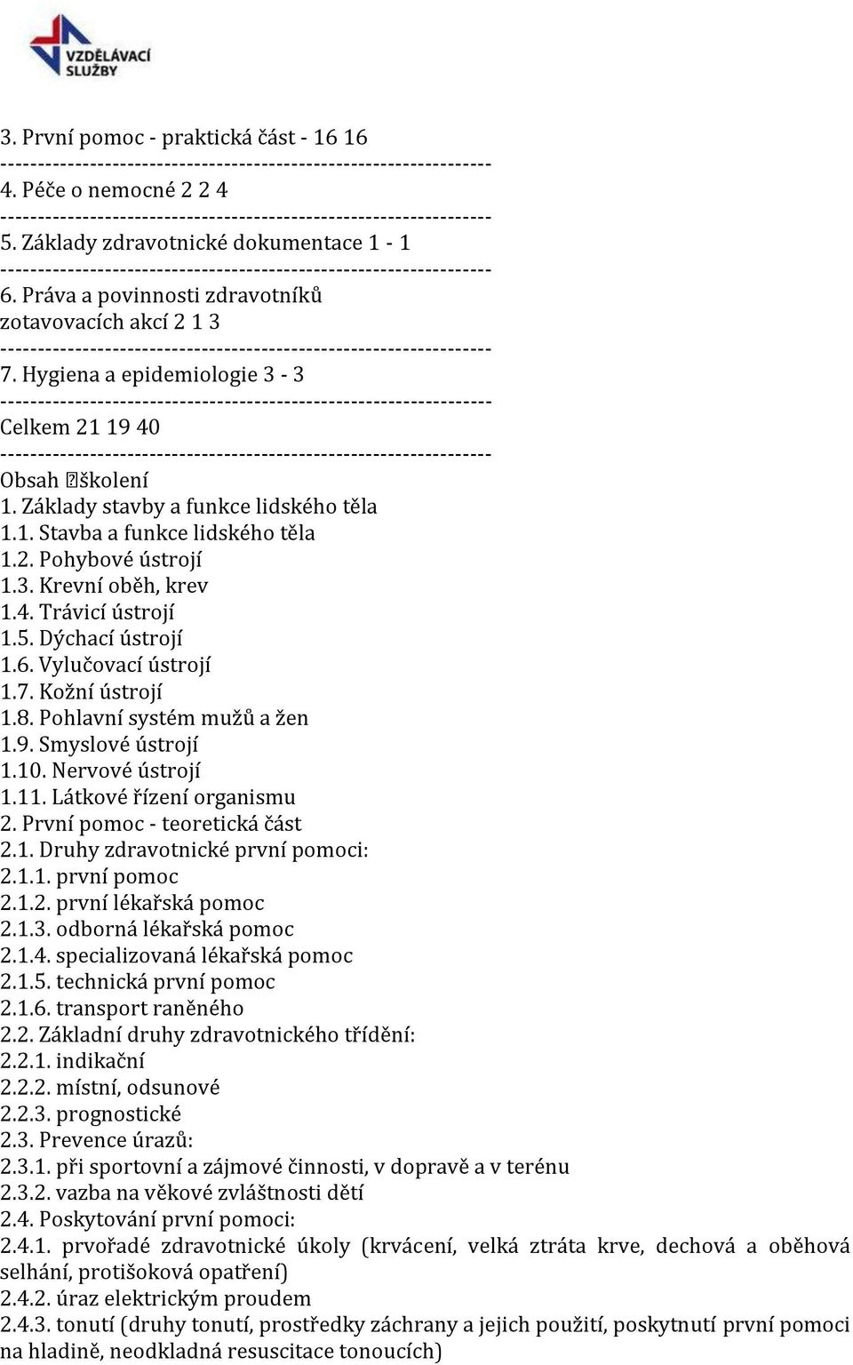 5. Dýchací ústrojí 1.6. Vylučovací ústrojí 1.7. Kožní ústrojí 1.8. Pohlavní systém mužů a žen 1.9. Smyslové ústrojí 1.10. Nervové ústrojí 1.11. Látkové řízení organismu 2.