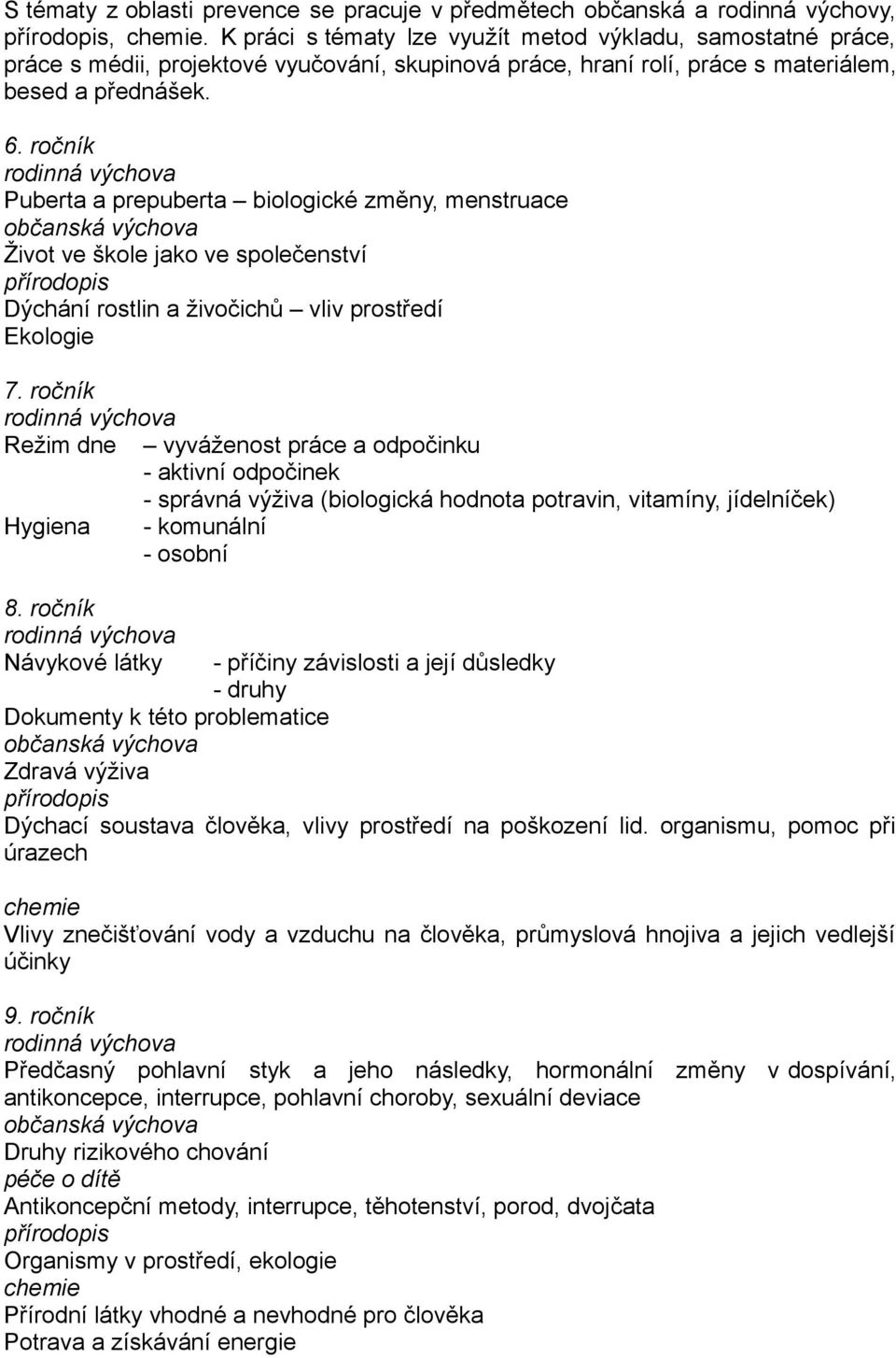 ročník Puberta a prepuberta biologické změny, menstruace občanská výchova Život ve škole jako ve společenství přírodopis Dýchání rostlin a živočichů vliv prostředí Ekologie 7.