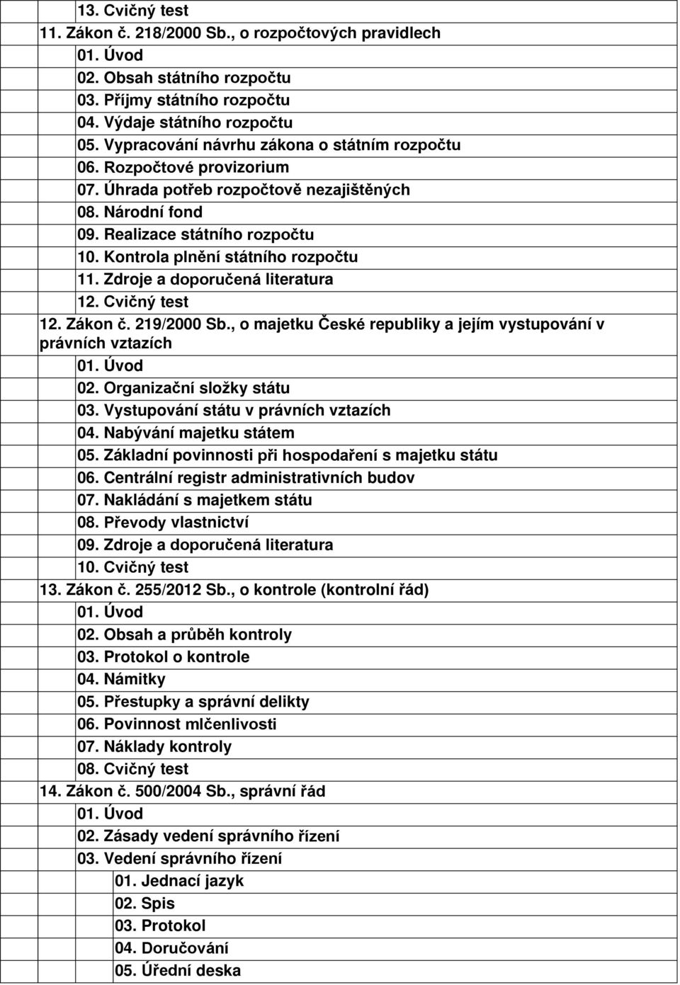 Kontrola plnění státního rozpočtu 11. Zdroje a doporučená literatura 12. Cvičný test 12. Zákon č. 219/2000 Sb., o majetku České republiky a jejím vystupování v právních vztazích 02.