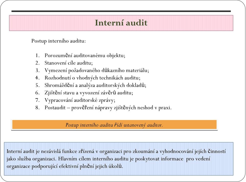 Postaudit prověření nápravy zjištěných neshod v praxi. Postup interního auditu řídí ustanovený auditor.