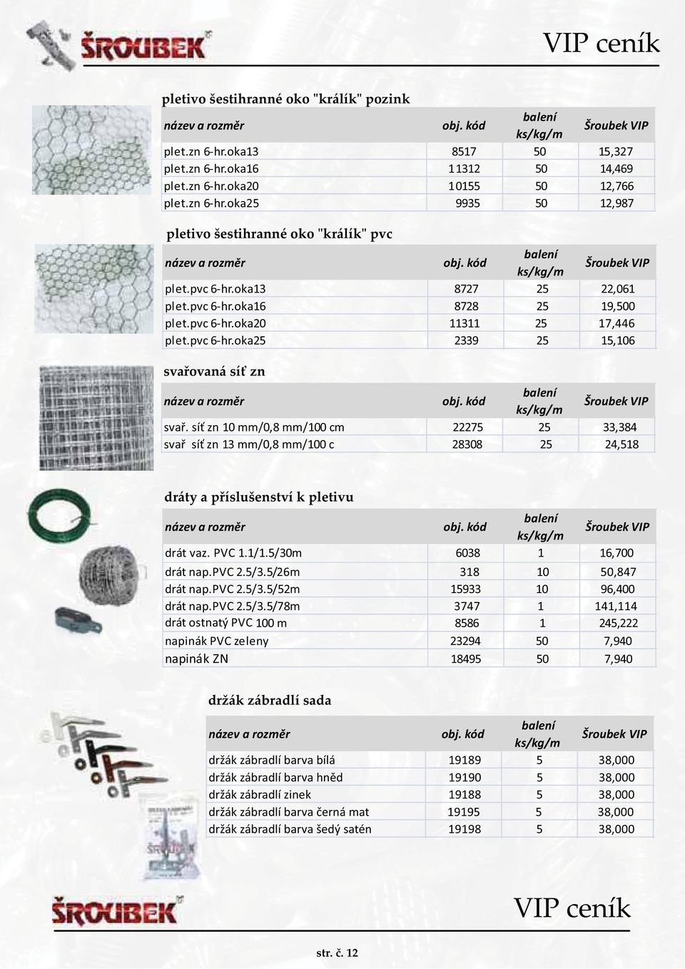 síť zn 10 mm/0,8 mm/100 cm 22275 25 33,384 svař síť zn 13 mm/0,8 mm/100 c 28308 25 24,518 dráty a příslušenství k pletivu drát vaz. PVC 1.1/1.5/30m 6038 1 16,700 drát nap.pvc 2.5/3.5/26m 318 10 50,847 drát nap.