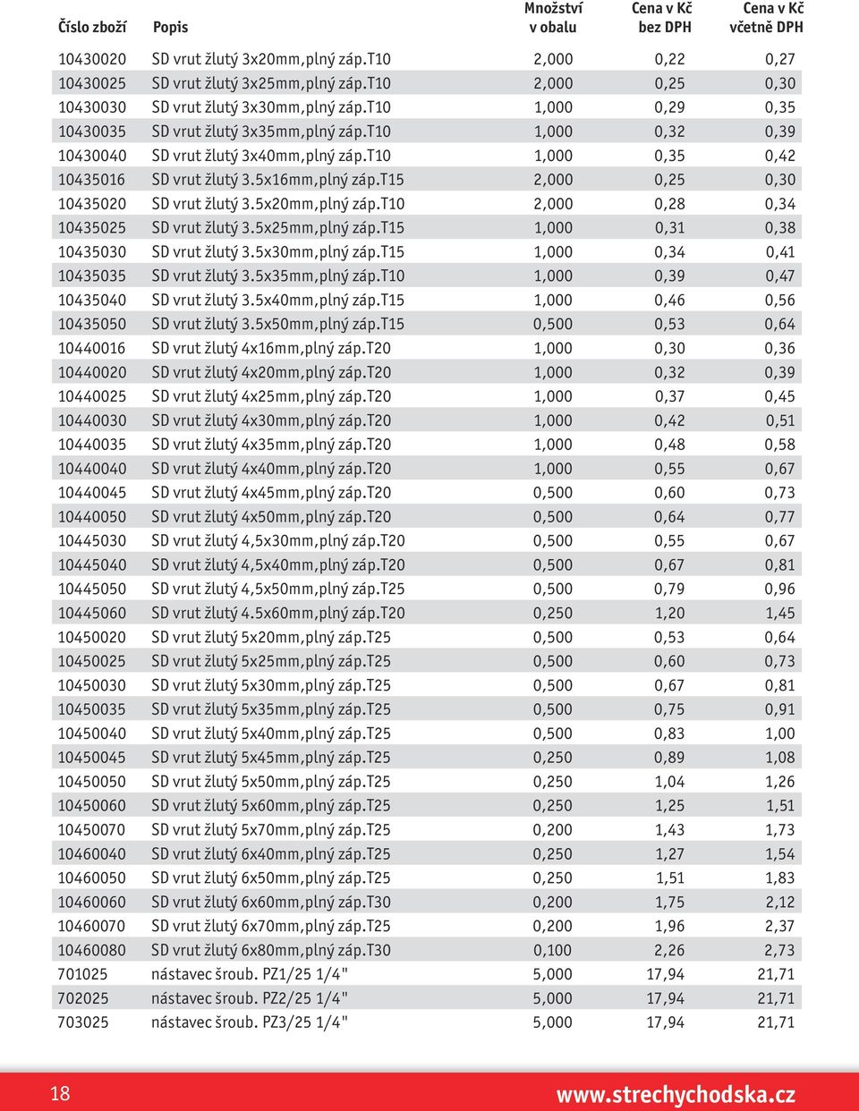 t15 2,000 0,25 0,30 10435020 SD vrut žlutý 3.5x20mm,plný záp.t10 2,000 0,28 0,34 10435025 SD vrut žlutý 3.5x25mm,plný záp.t15 1,000 0,31 0,38 10435030 SD vrut žlutý 3.5x30mm,plný záp.