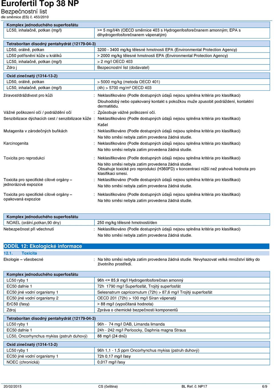 Bezpecnostní list (dodavatel) LD50, orálně, potkan > 5000 mg/kg (metoda OECD 401) LC50, inhalačně, potkan (mg/l) (4h) > 5700 mg/m³ OECD 403 žíravost/dráždivost pro kůži Vážné poškození očí /