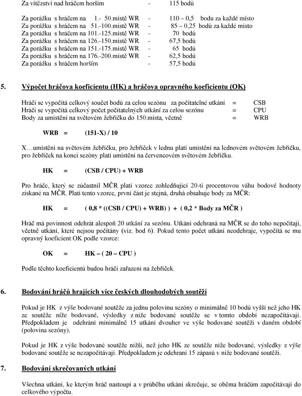 místě WR - 65 bodů Za porážku s hráčem na 176.-200.místě WR - 62,5 bodů Za porážku s hráčem horším - 57,5 bodů 5.