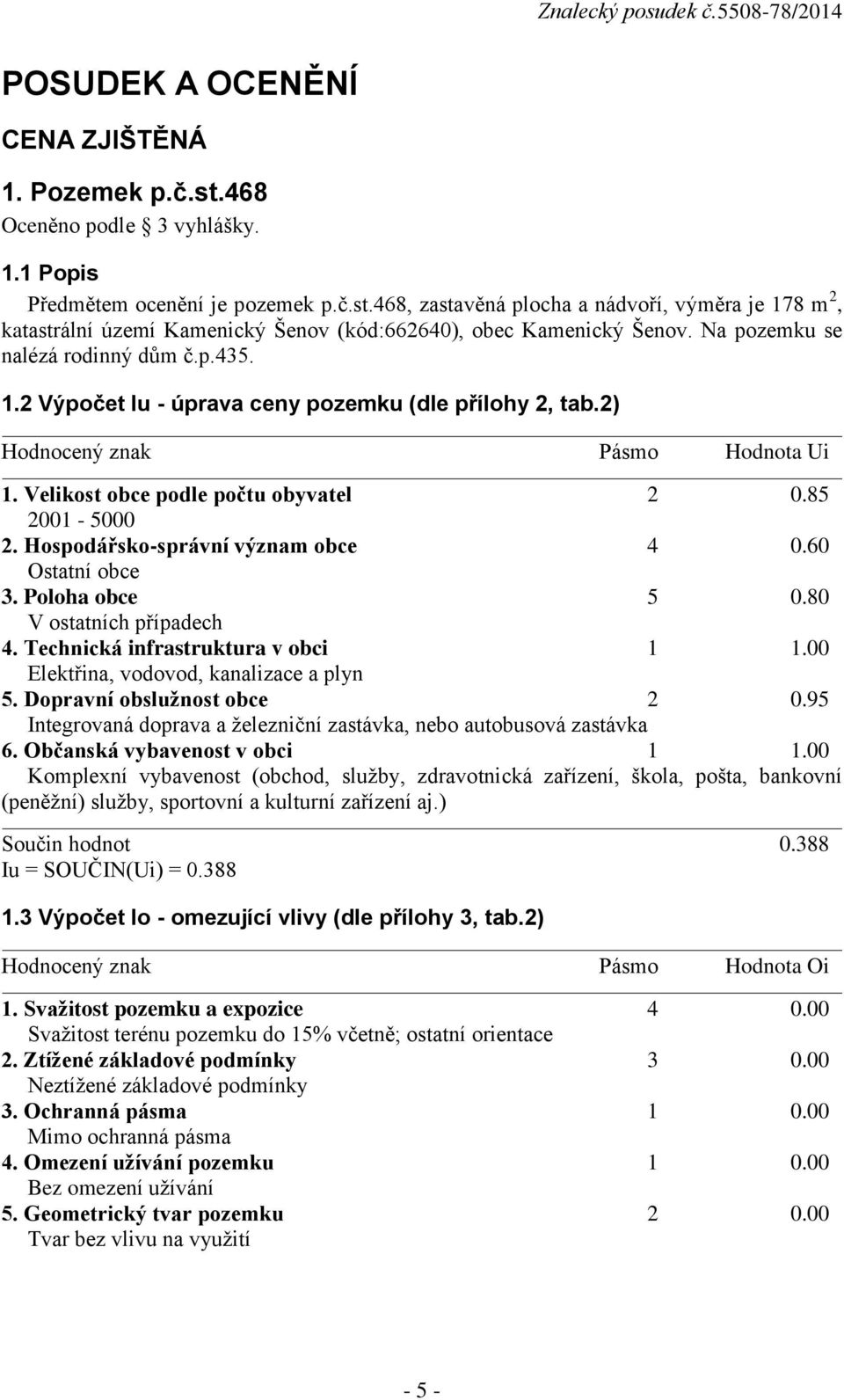 Hospodářsko-správní význam obce 4 0.60 Ostatní obce 3. Poloha obce 5 0.80 V ostatních případech 4. Technická infrastruktura v obci 1 1.00 Elektřina, vodovod, kanalizace a plyn 5.