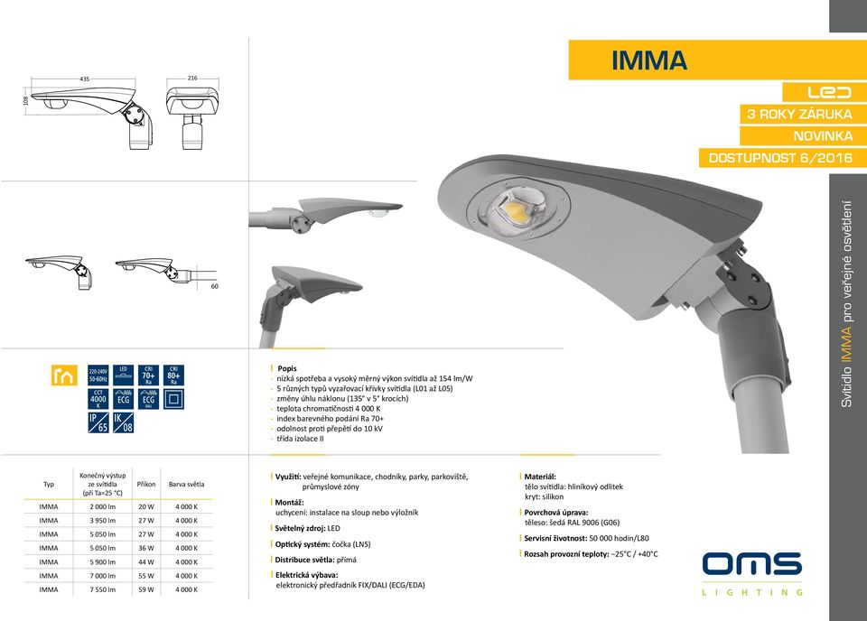 ze svítidla (při Ta=25 C) Příkon Barva světla IMMA 2 000 lm 20 W 4 000 K IMMA 3 950 lm 27 W 4 000 K IMMA 5 050 lm 27 W 4 000 K IMMA 5 050 lm 36 W 4 000 K IMMA 5 900 lm 44 W 4 000 K IMMA 7 000 lm 55 W