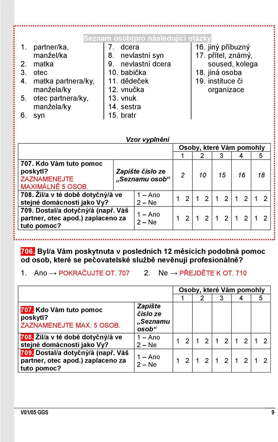 ZAZNAMENEJTE MAXIMÁLNĚ 5 OSOB. 708. Ţil/a v té době dotyčný/á ve stejné domácnosti jako Vy? 709. Dostal/a dotyčný/á (např. Váš partner, otec apod.) zaplaceno za tuto pomoc?