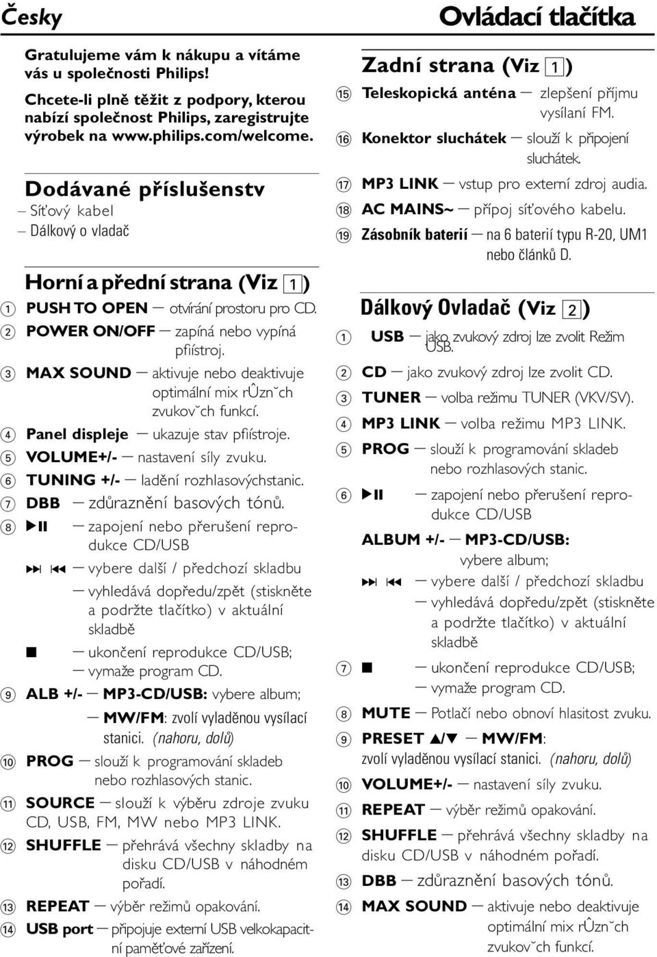 3 MAX SOUND aktivuje nebo deaktivuje optimální mix rûzn ch zvukov ch funkcí. 4 Panel displeje ukazuje stav pfiístroje. 5 VOLUME+/- nastavení síly zvuku. 6 TUNING +/- ladění rozhlasovýchstanic.