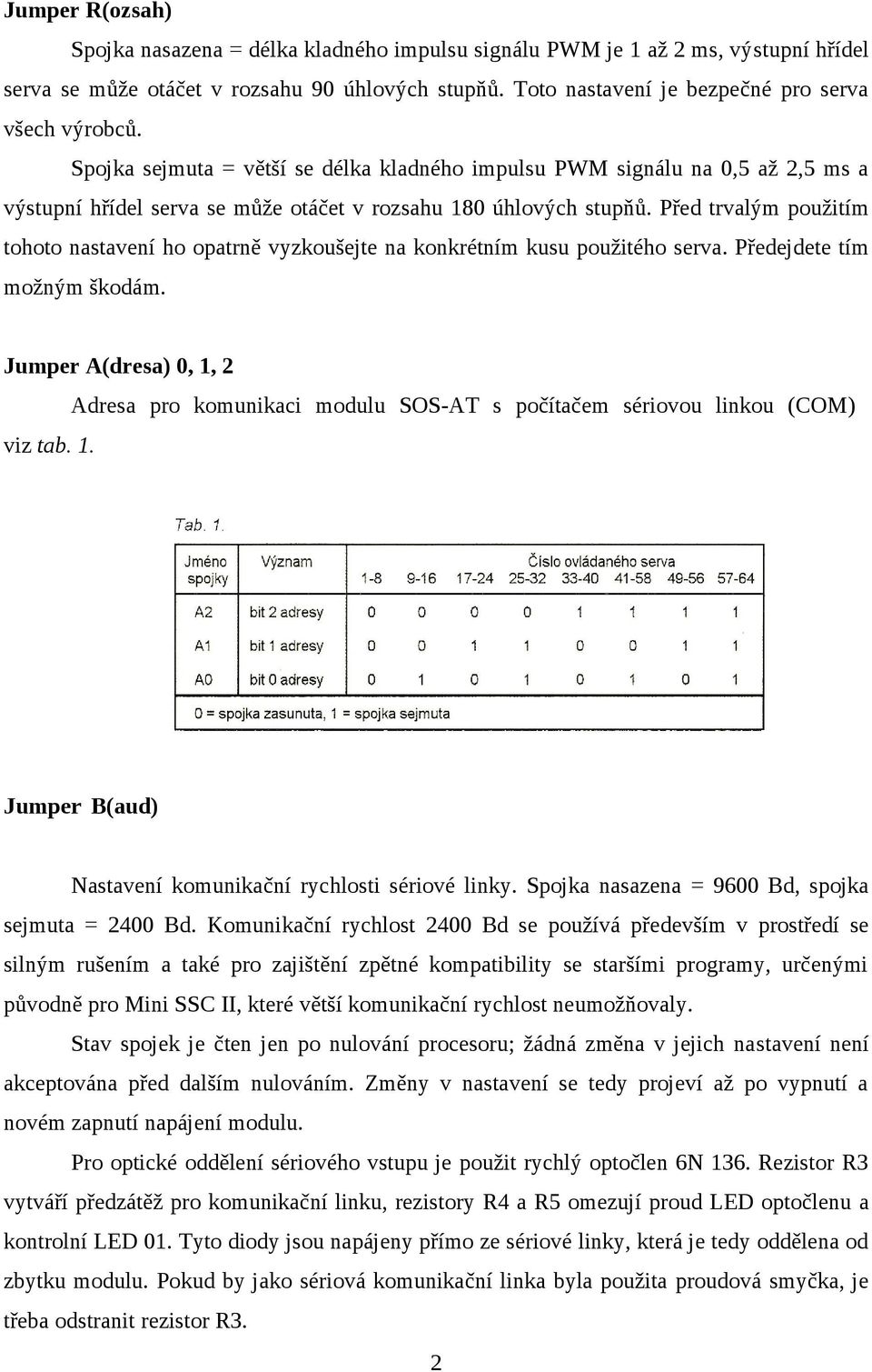 Před trvalým použitím tohoto nastavení ho opatrně vyzkoušejte na konkrétním kusu použitého serva. Předejdete tím možným škodám. Jumper A(dresa) 0, 1,