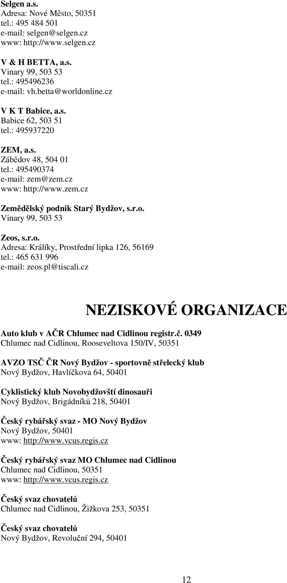 r.o. Adresa: Králíky, Prostřední lipka 126, 56169 tel.: 465 631 996 e-mail: zeos.pl@tiscali.cz NEZISKOVÉ ORGANIZACE Auto klub v AČR Chlumec nad Cidlinou registr.č.