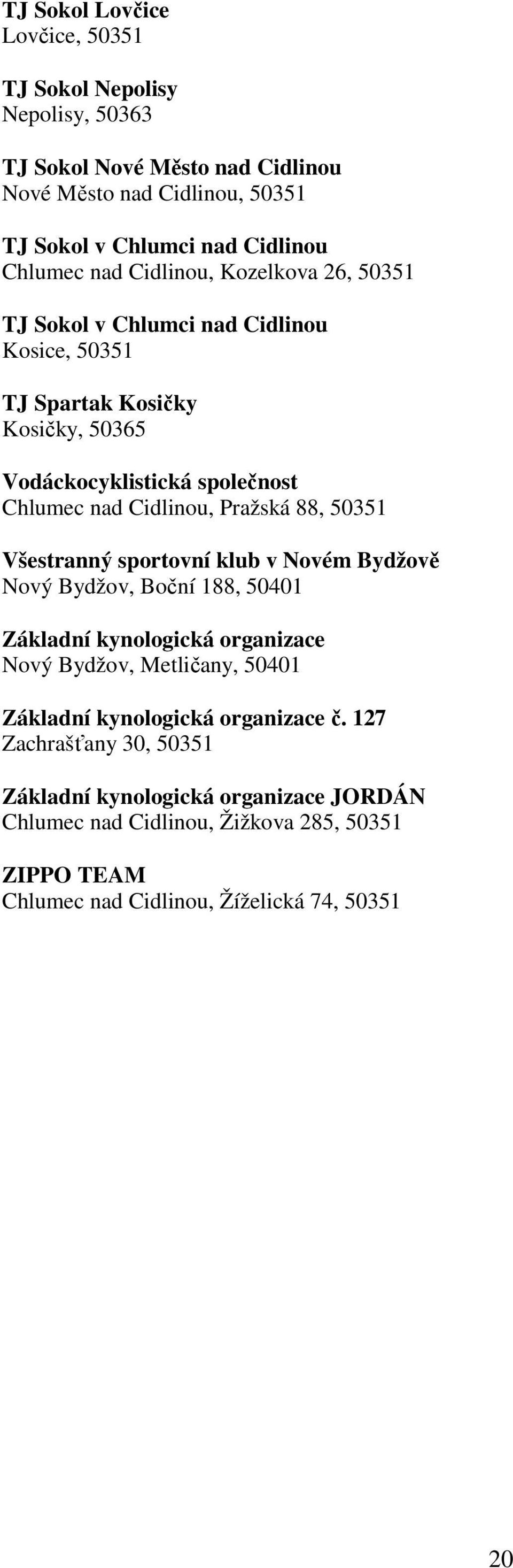 Pražská 88, 50351 Všestranný sportovní klub v Novém Bydžově Nový Bydžov, Boční 188, 50401 Základní kynologická organizace Nový Bydžov, Metličany, 50401 Základní