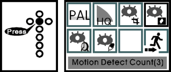 Počet záznamů detekce Setup NTSC/PAL MOTION DETECT COUNT znamená nastavení počtu snímků při zachycení detekce pohybu.