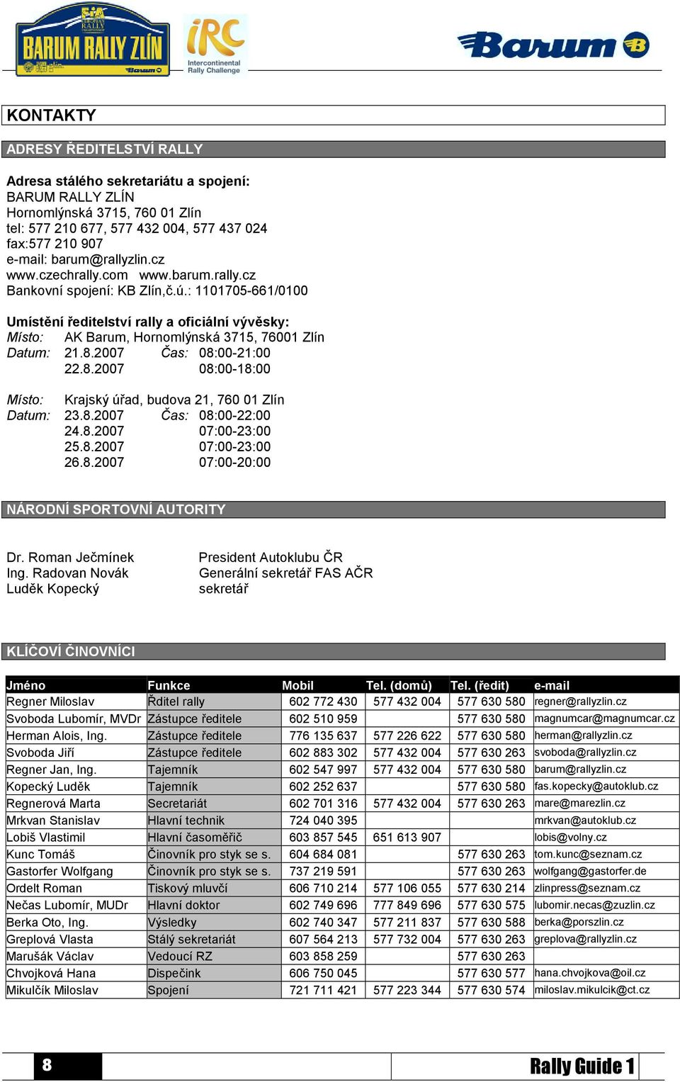 : 1101705-661/0100 Umístění ředitelství rally a oficiální vývěsky: Místo: AK Barum, Hornomlýnská 3715, 76001 Zlín Datum: 21.8.2007 Čas: 08:00-21:00 22.8.2007 08:00-18:00 Místo: Krajský úřad, budova 21, 760 01 Zlín Datum: 23.