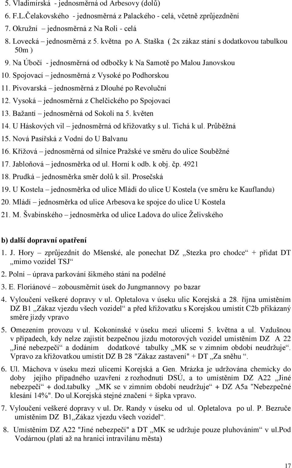 Pivovarská jednosměrná z Dlouhé po Revoluční 12. Vysoká jednosměrná z Chelčického po Spojovací 13. Bažantí jednosměrná od Sokolí na 5. květen 14. U Háskových vil jednosměrná od křižovatky s ul.