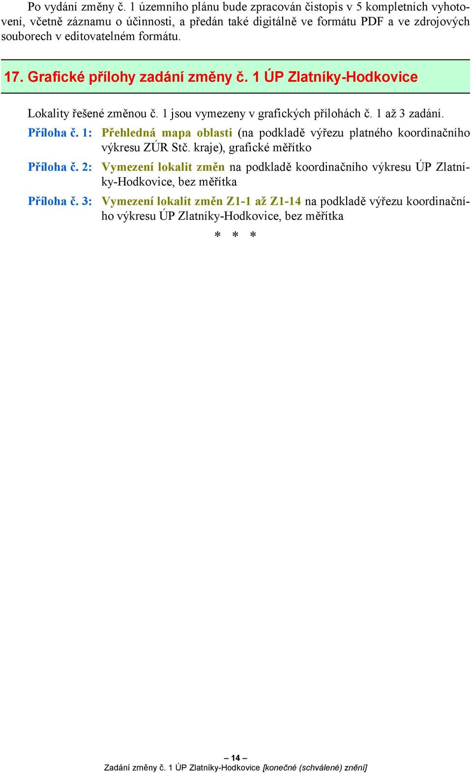 formátu. 17. Grafické přílohy zadání změny č. 1 ÚP Zlatníky-Hodkovice Lokality řešené změnou č. 1 jsou vymezeny v grafických přílohách č. 1 až 3 zadání. Příloha č.