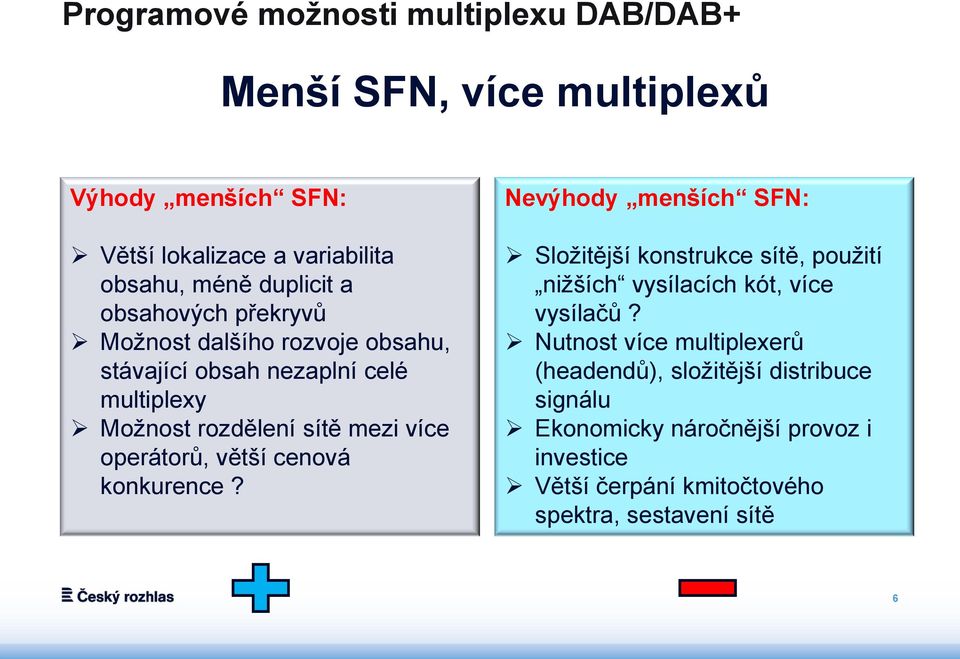 větší cenová konkurence? Nevýhody menších SFN: Složitější konstrukce sítě, použití nižších vysílacích kót, více vysílačů?