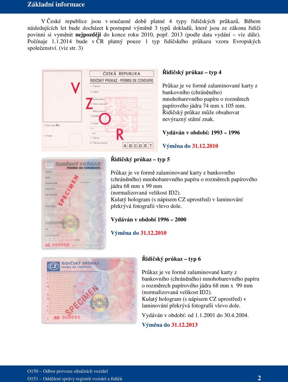 Počínaje 1.1.2014 bude v ČR platný pouze 1 typ řidičského průkazu vzoru Evropských společenství. (viz str.