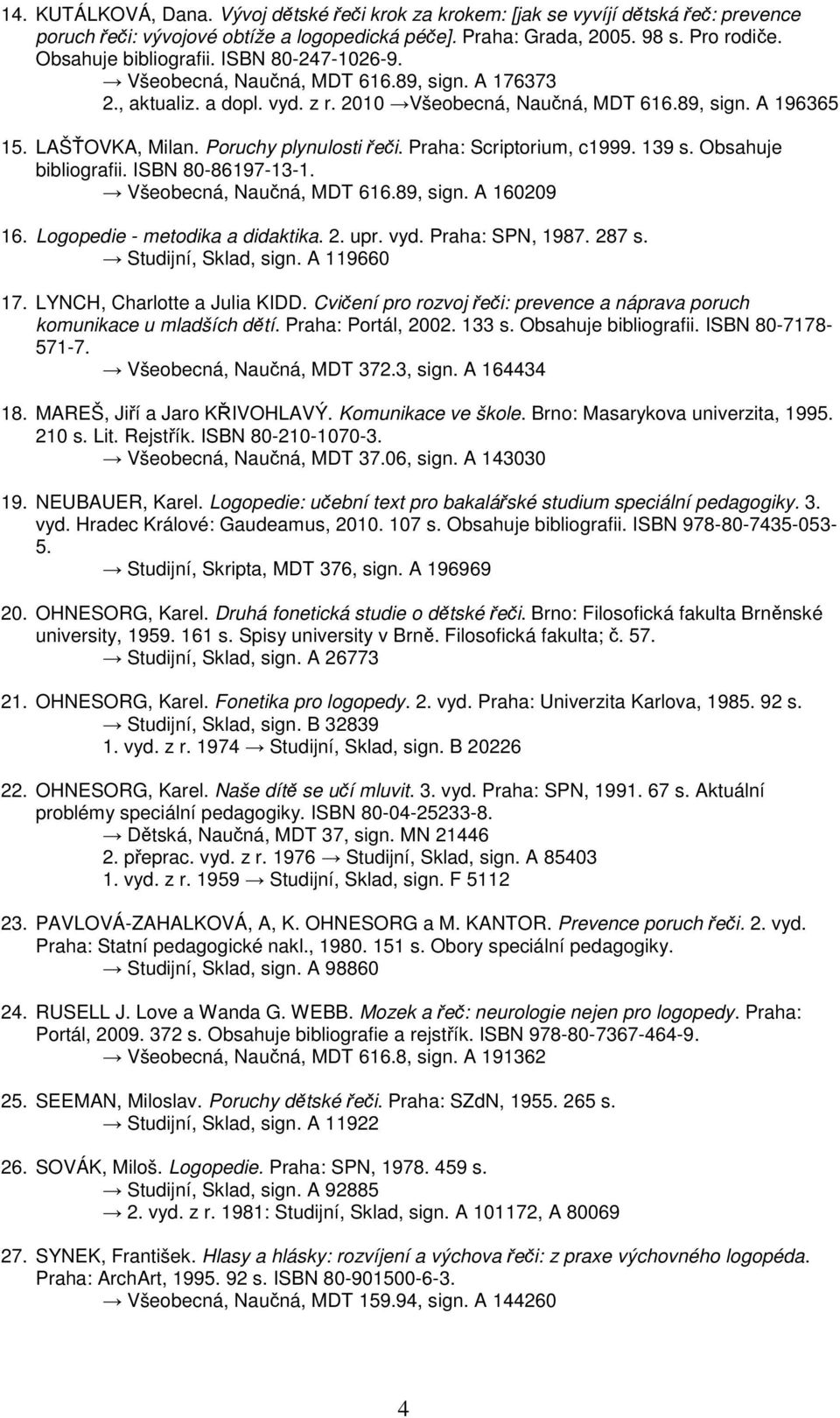 Poruchy plynulosti řeči. Praha: Scriptorium, c1999. 139 s. Obsahuje bibliografii. ISBN 80-86197-13-1. Všeobecná, Naučná, MDT 616.89, sign. A 160209 16. Logopedie - metodika a didaktika. 2. upr. vyd.