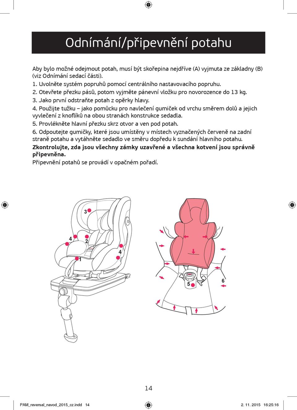 Použijte tužku jako pomůcku pro navlečení gumiček od vrchu směrem dolů a jejich vyvlečení z knoflíků na obou stranách konstrukce sedadla. 5. Provlékněte hlavní přezku skrz otvor a ven pod potah. 6.