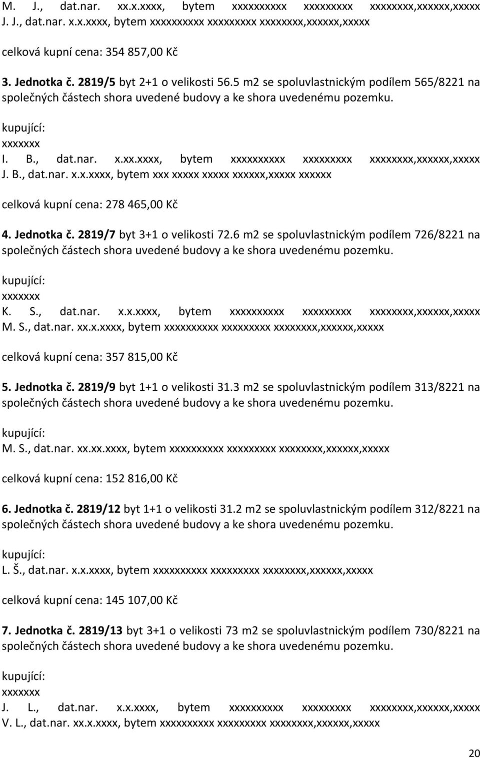 Jednotka č. 2819/7 byt 3+1 o velikosti 72.6 m2 se spoluvlastnickým podílem 726/8221 na K. S., dat.nar. x.x.xxxx, bytem xxx xx x,xxxxxx,xxxxx M. S., dat.nar. xx.x.xxxx, bytem xxx xx x,xxxxxx,xxxxx celková kupní cena: 357 815,00 Kč 5.