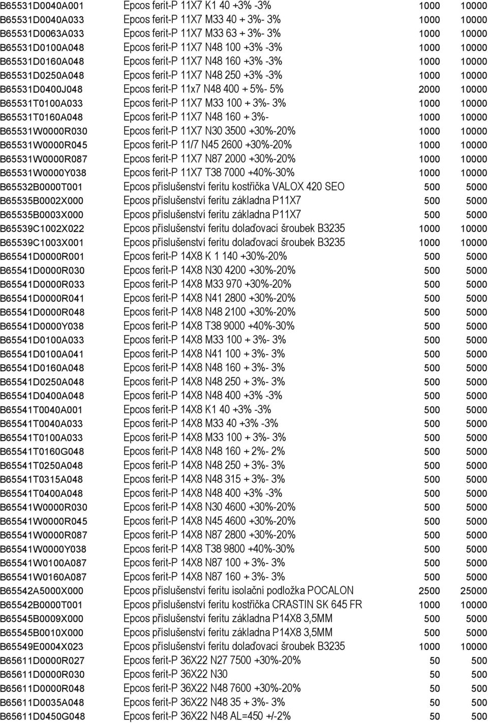 11x7 N48 400 + 5%- 5% 2000 10000 B65531T0100A033 Epcos ferit-p 11X7 M33 100 + 3%- 3% 1000 10000 B65531T0160A048 Epcos ferit-p 11X7 N48 160 + 3%- 1000 10000 B65531W0000R030 Epcos ferit-p 11X7 N30 3500