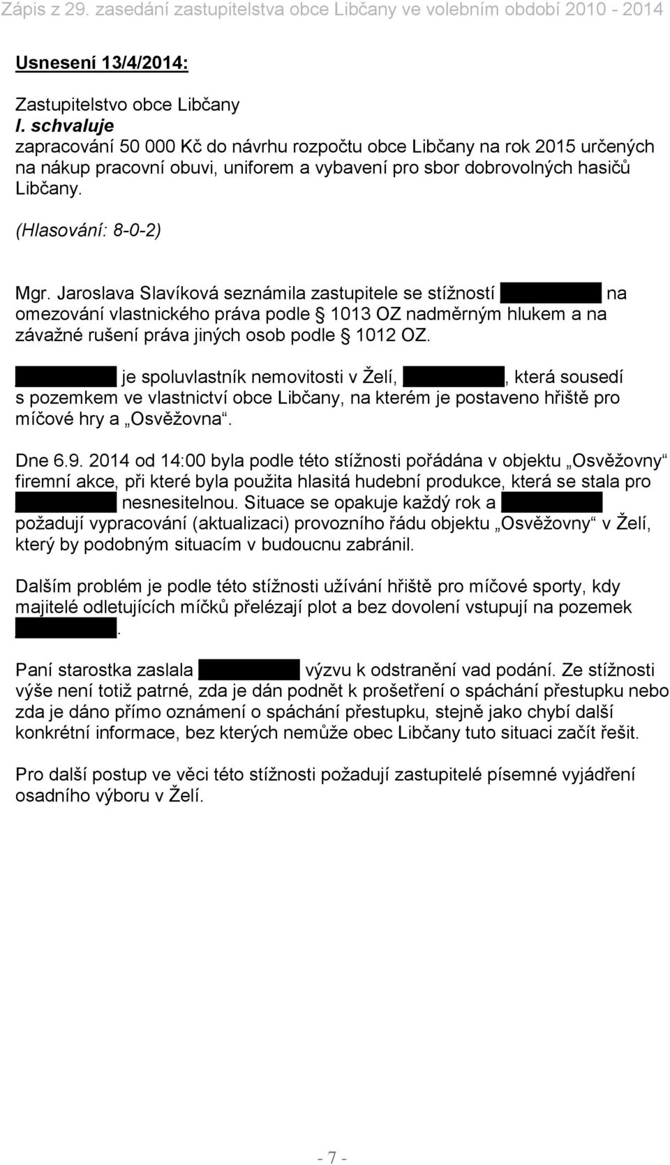 je spoluvlastník nemovitosti v Želí,, která sousedí s pozemkem ve vlastnictví obce Libčany, na kterém je postaveno hřiště pro míčové hry a Osvěžovna. Dne 6.9.