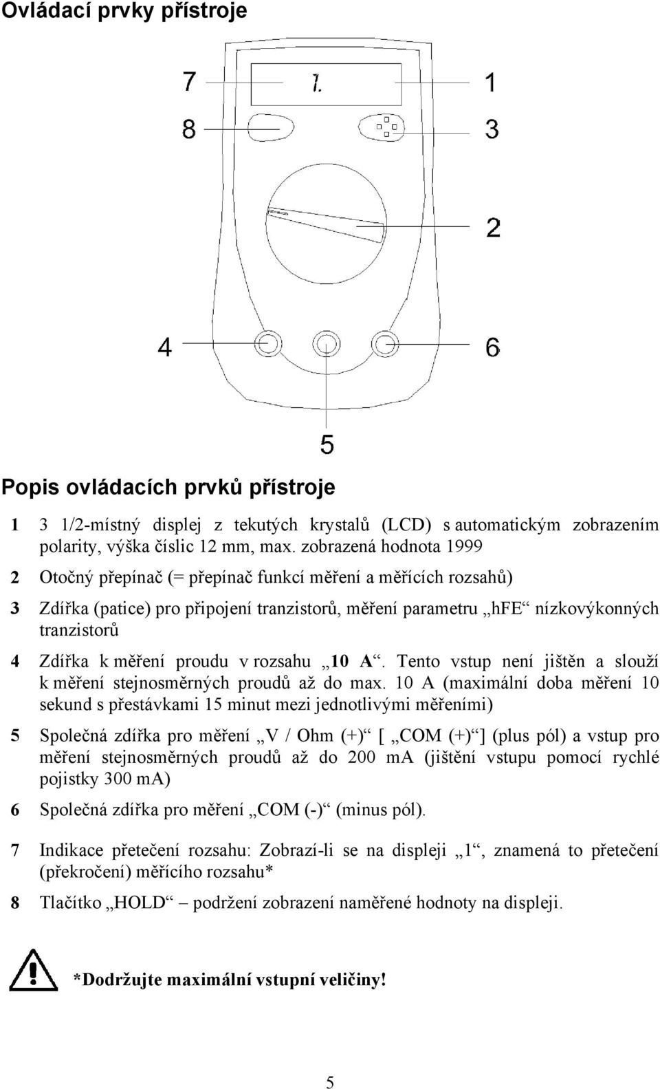 proudu v rozsahu 10 A. Tento vstup není jištěn a slouží k měření stejnosměrných proudů až do max.