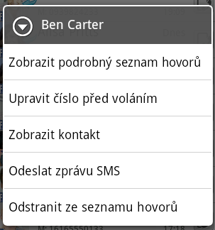 48 Telefonní hovory Použití seznamu hovorů Když hovor zmeškáte, na stavovém řádku se zobrazí ikona zmeškaného hovoru ( ).