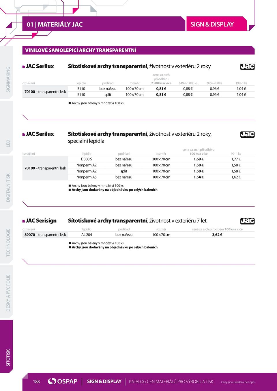 lepidla 100 ks a více 99 1 ks E 300 S bez nářezu 100 70 cm 1,69 1,77 70100 transparentní lesk Nonperm A2 bez nářezu 100 70 cm 1,50 1,58 Nonperm A2 split 100 70 cm 1,50 1,58 Nonperm A5 bez nářezu 100