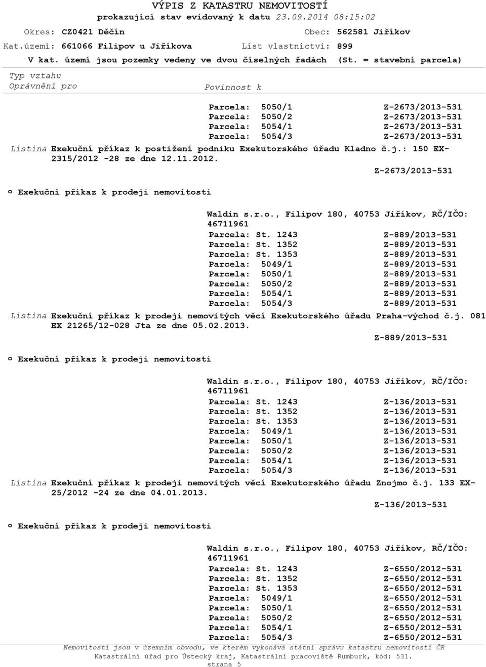 r.., Filipv 180, 40753 Jiříkv, RČ/IČO: Exekuční příkaz k prdeji nemvitých věcí Exekutrskéh úřadu Praha-výchd č.j. 081 EX 21265/12-028 Jta ze dne 05.02.2013.