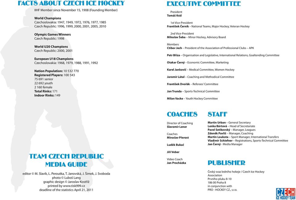 Registered Players: 100 543 75 691 senior 22 692 youth 2 160 female Total Rinks: 171 Indoor Rinks: 149 EXECUTIVE COMMITE President Tomáš Král 1st Vice-President František Černík National Teams, Major