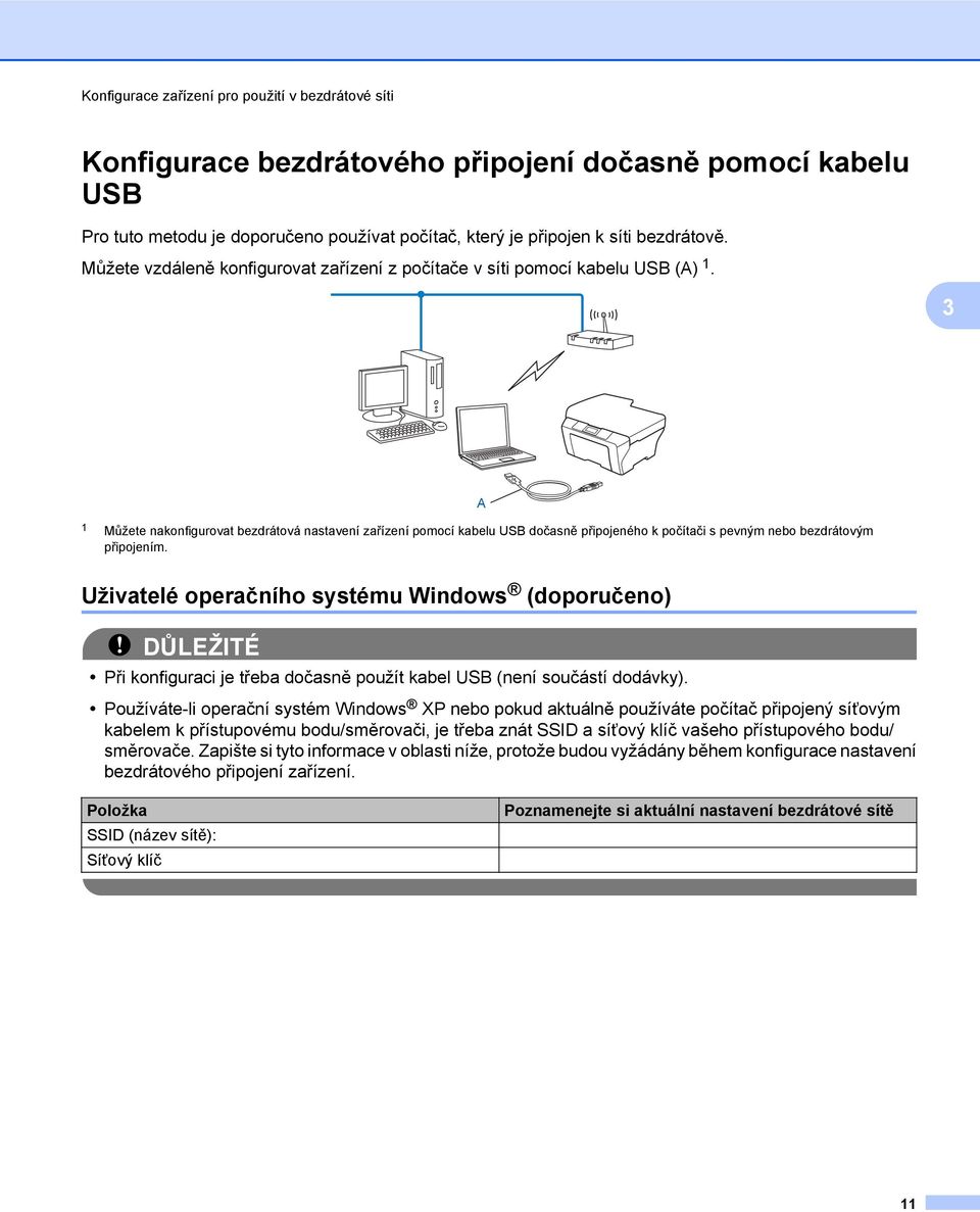 3 A 1 Můžete nakonfigurovat bezdrátová nastavení zařízení pomocí kabelu USB dočasně připojeného k počítači s pevným nebo bezdrátovým připojením.