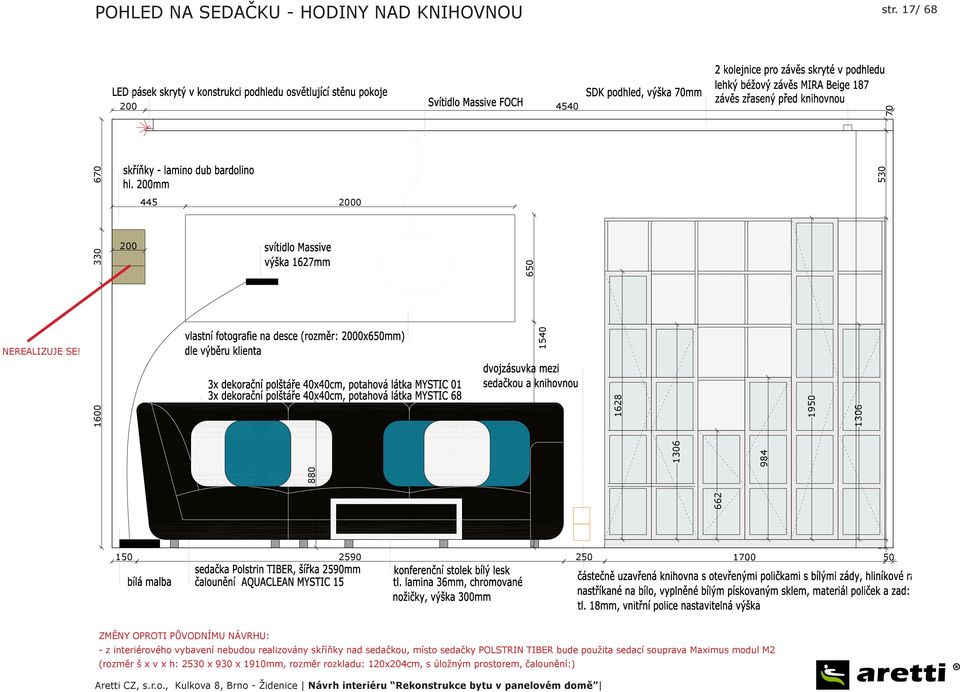 PŮVODNÍMU NÁVRHU: - z interiérového vybavení nebudou realizovány skříňky nad sedačkou, místo sedačky POLSTRIN