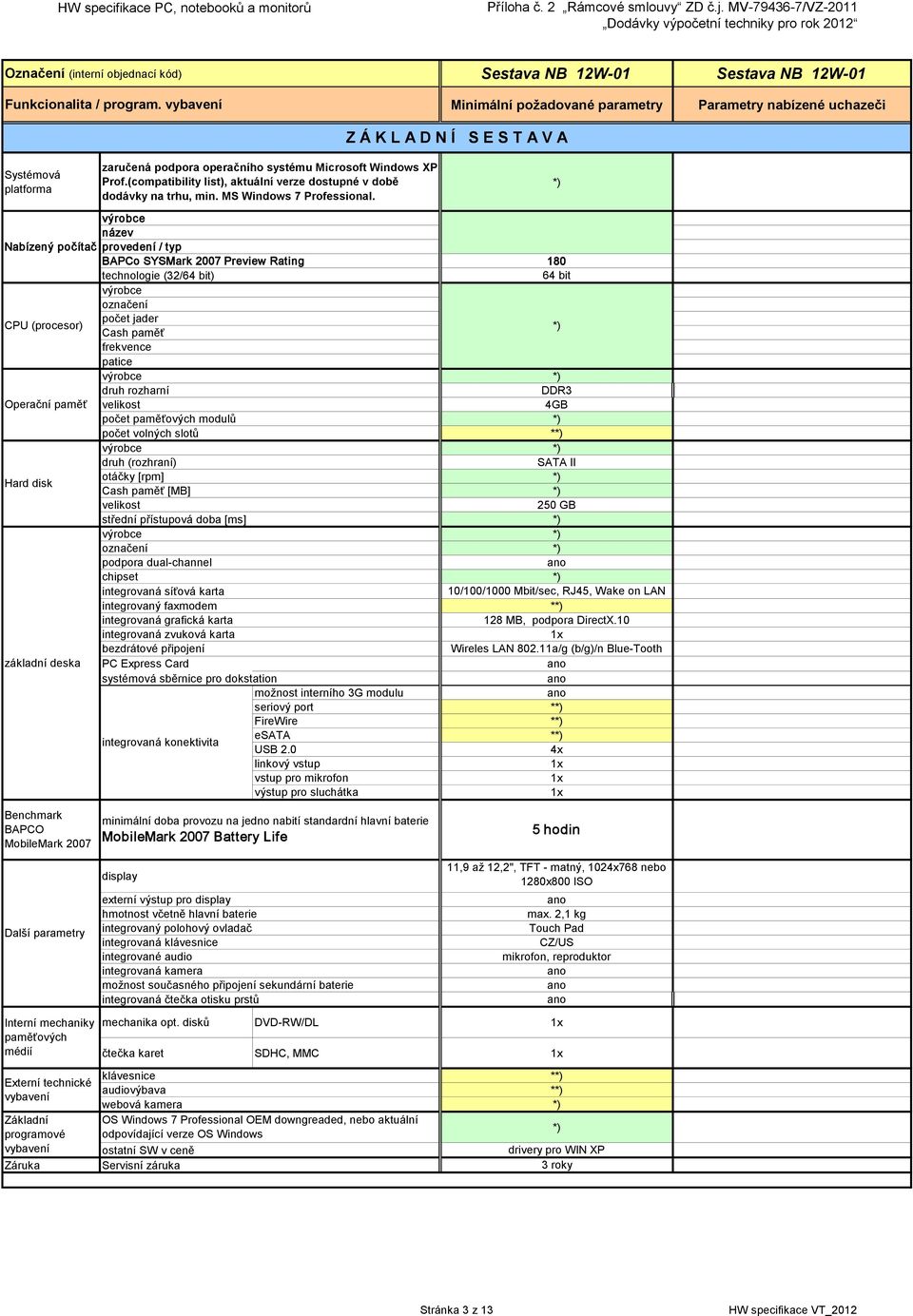 název Nabízený počítač provedení / typ BAPCo SYSMark 2007 Preview Rating 180 technologie (32/64 bit) 64 bit CPU (procesor) označení počet jader Cash paměť frekvence patice druh rozharní DDR3 Operační
