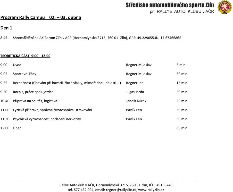 žluté vlajky, mimořádné události ) Regner Jan 15 min 9:50 Rozpis, práce spolujezdce Jugas Jarda 50 min 10:40 Příprava na soutěž, logistika Jandík