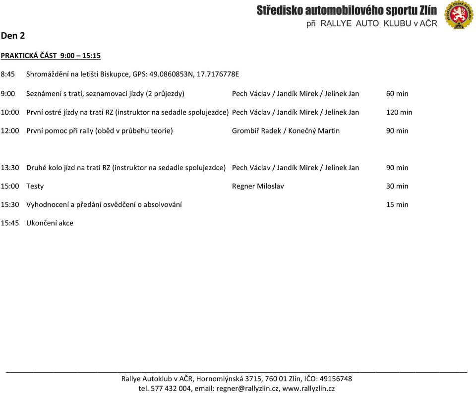 na sedadle spolujezdce) Pech Václav / Jandík Mirek / Jelínek Jan 120 min 12:00 První pomoc při rally (oběd v průbehu teorie) Grombíř Radek / Konečný Martin 90