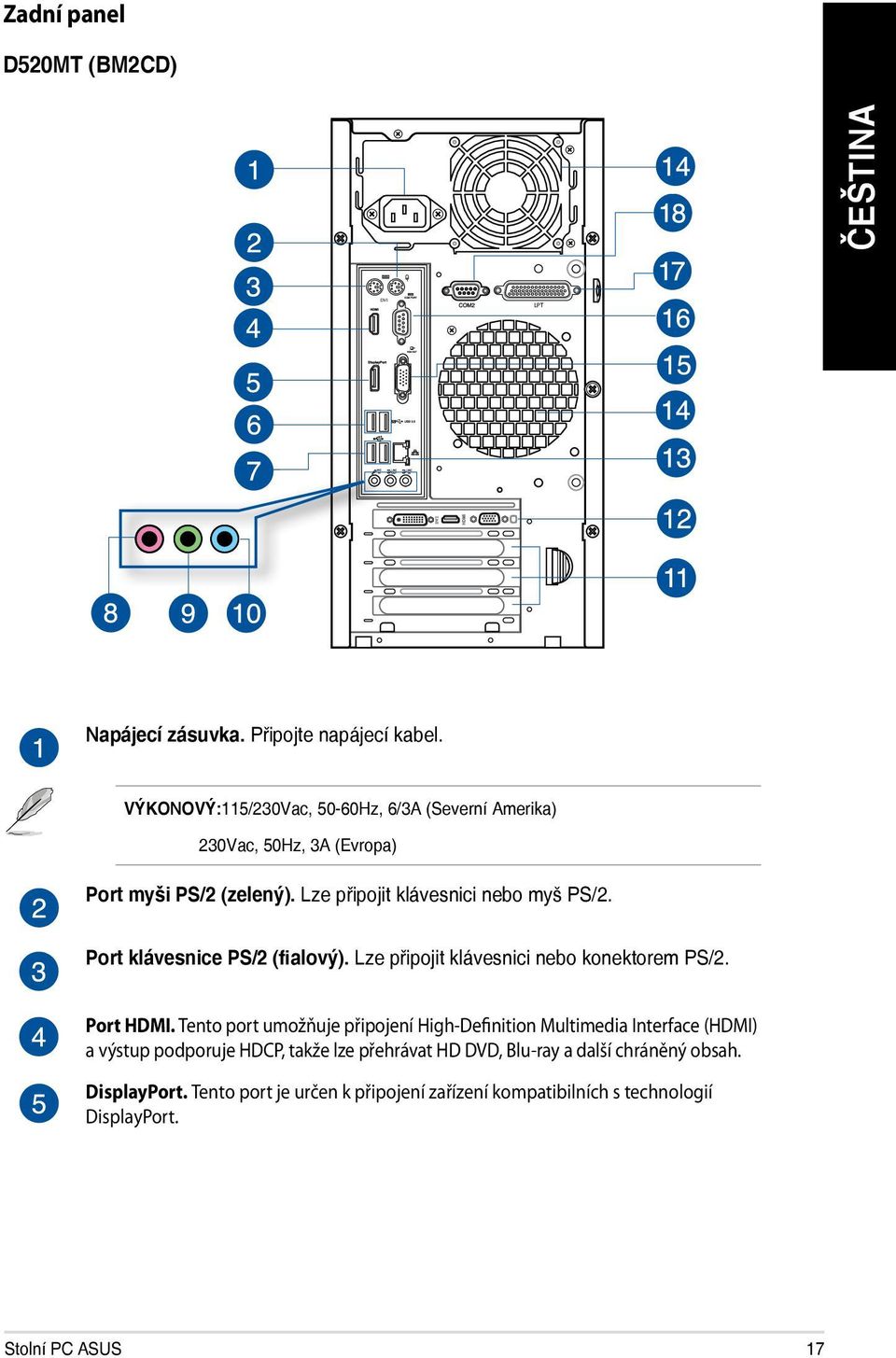 Port klávesnice PS/2 (fialový). Lze připojit klávesnici nebo konektorem PS/2. Port HDMI.