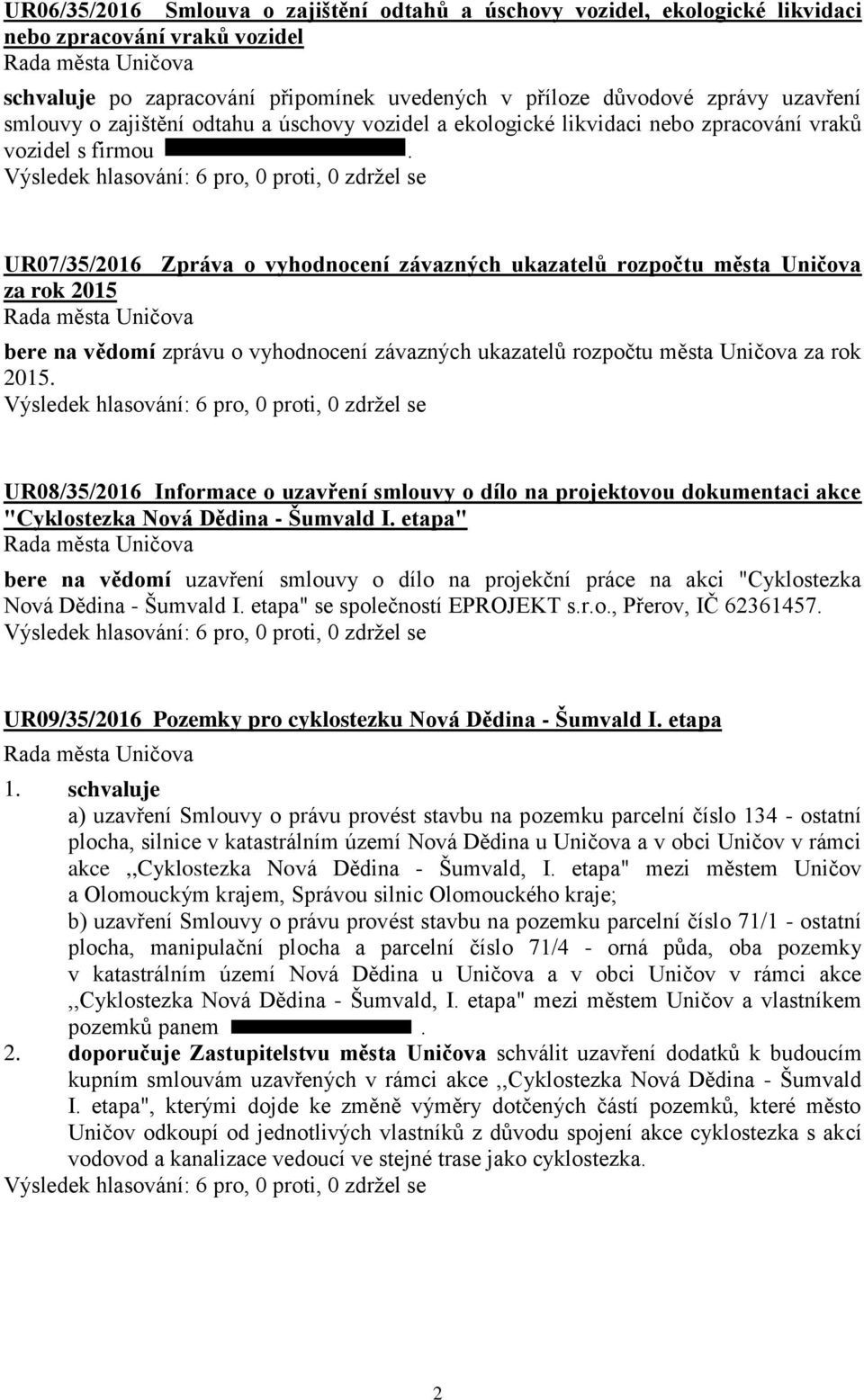 UR07/35/2016 Zpráva o vyhodnocení závazných ukazatelů rozpočtu města Uničova za rok 2015 bere na vědomí zprávu o vyhodnocení závazných ukazatelů rozpočtu města Uničova za rok 2015.