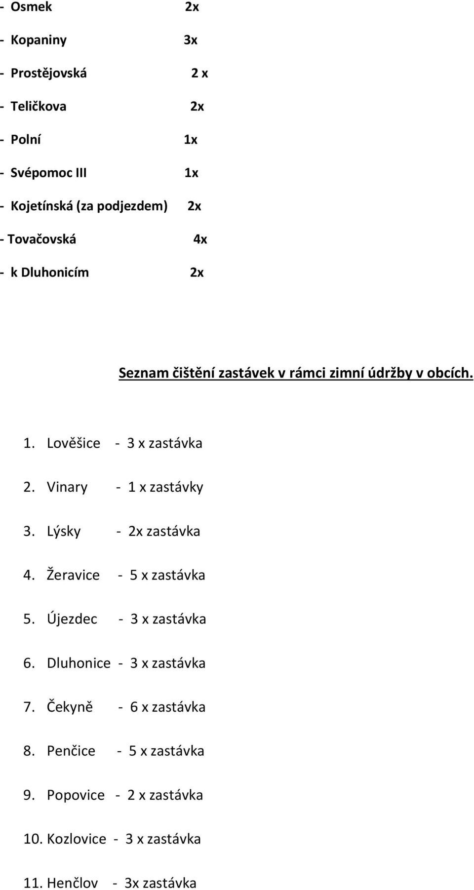 Vinary - 1 x zastávky 3. Lýsky - 2x zastávka 4. Žeravice - 5 x zastávka 5. Újezdec - 3 x zastávka 6.