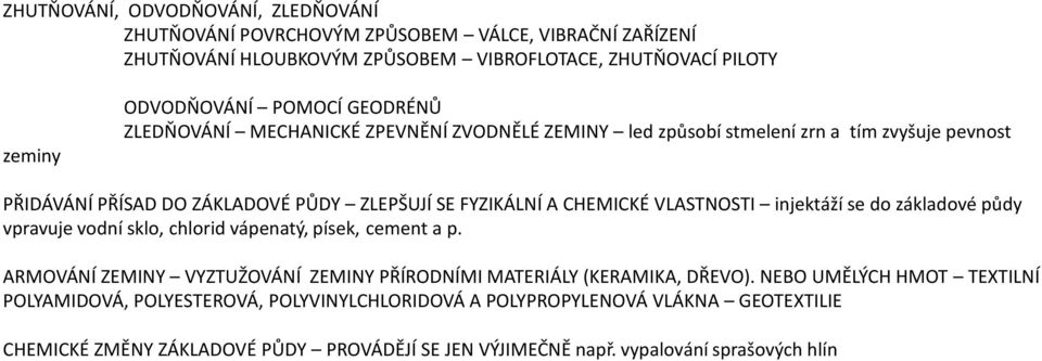 injektáží se do základové půdy vpravuje vodní sklo, chlorid vápenatý, písek, cement a p. ARMOVÁNÍ ZEMINY VYZTUŽOVÁNÍ ZEMINY PŘÍRODNÍMI MATERIÁLY (KERAMIKA, DŘEVO).