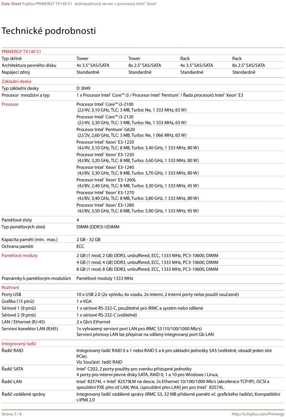 5 SAS/SATA Napájecí zdroj Standardně Standardně Standardně Standardně Základní deska Typ základní desky D 3049 Procesor množství a typ 1 x Procesor Intel Core i3 / Procesor Intel Pentium / Řada