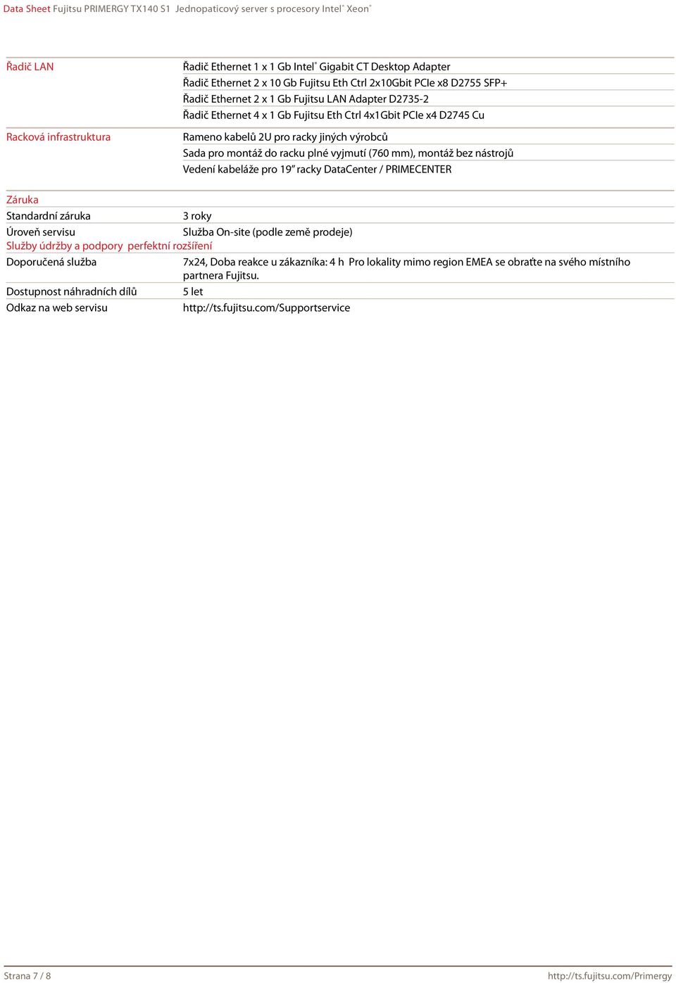 kabeláže pro 19 racky DataCenter / PRIMECENTER Záruka Standardní záruka 3 roky Úroveň servisu Služba On-site (podle země prodeje) Služby údržby a podpory perfektní rozšíření Doporučená služba 7x24,