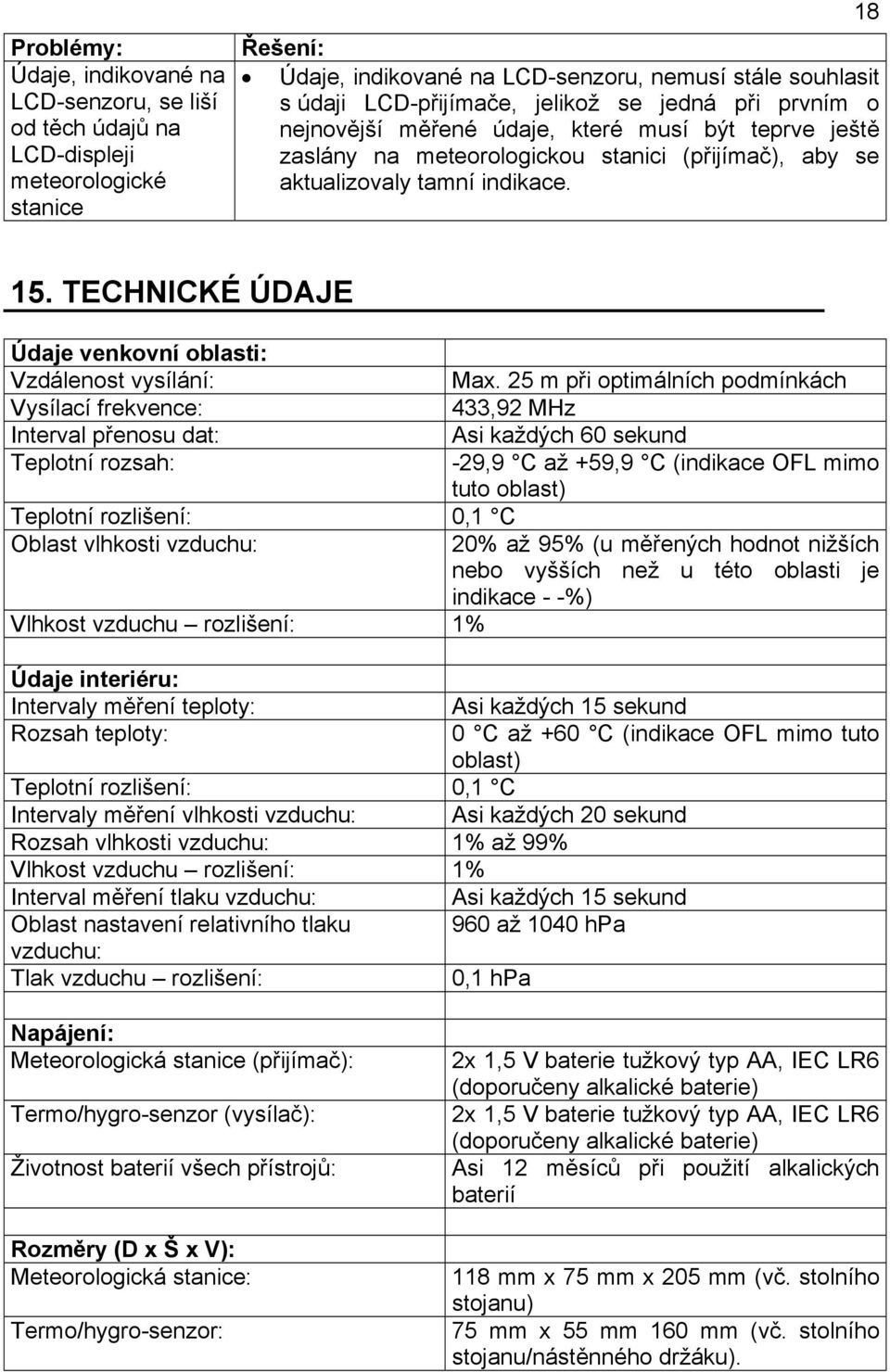 TECHNICKÉ ÚDAJE Údaje venkovní oblasti: Vzdálenost vysílání: Max.