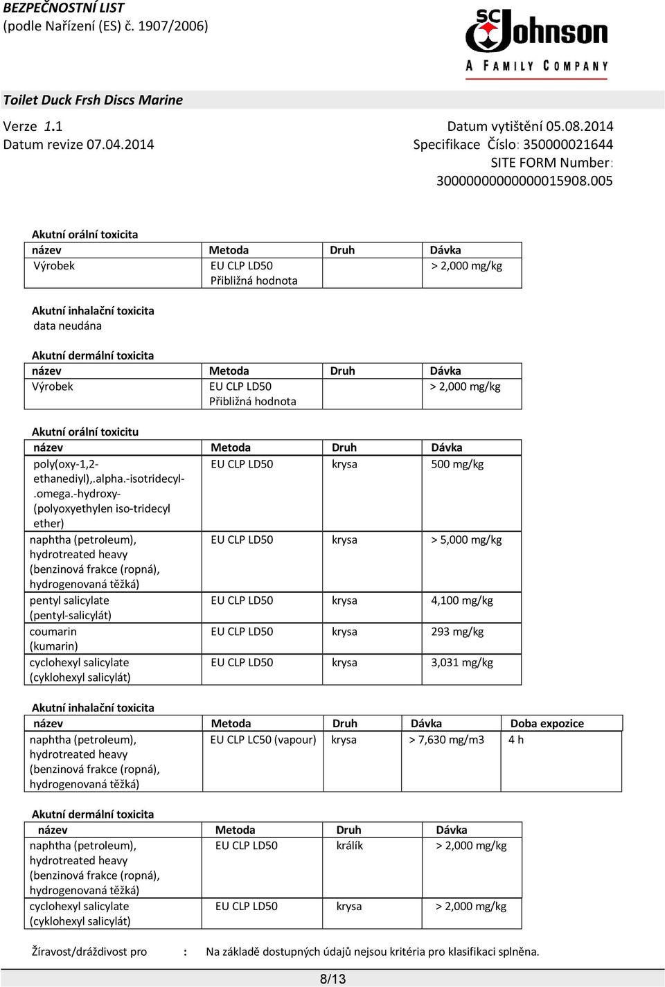 -hydroxy- EU CLP LD50 krysa > 5,000 mg/kg EU CLP LD50 krysa 4,100 mg/kg coumarin EU CLP LD50 krysa 293 mg/kg EU CLP LD50 krysa 3,031 mg/kg Akutní inhalační toxicita název Metoda Druh Dávka Doba