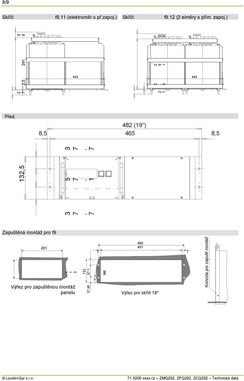 48 (9") 8 46 8 Zapuštěná montáž pro f9 46 0 4 Výřez pro zapuštěnou